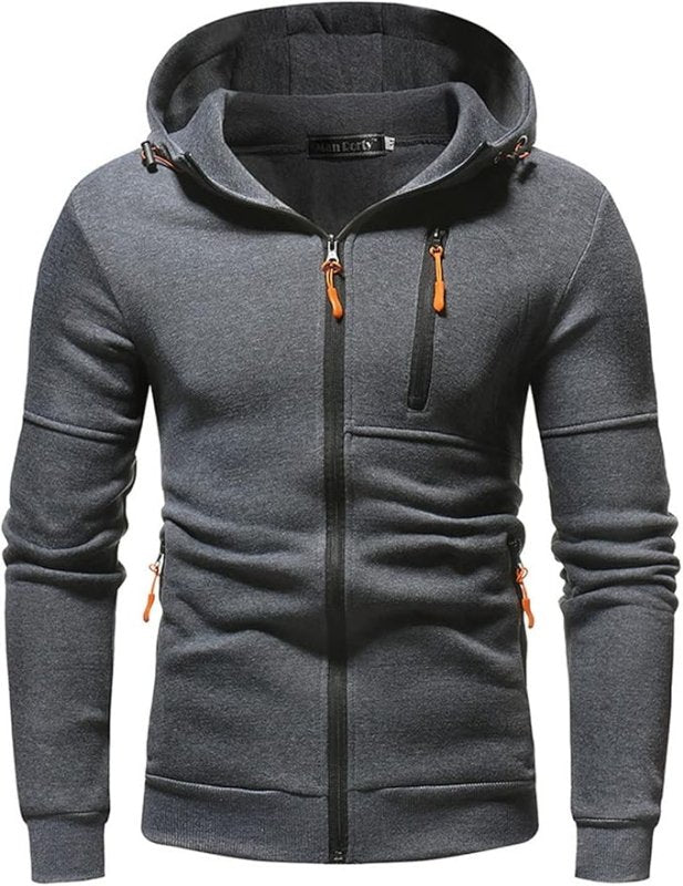 Men's Cosy Outdoor Full Zip-up Hoodie with Adjustable Drawstring and Functional Pockets