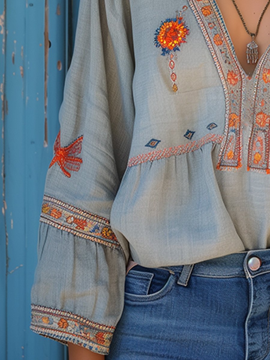 Trendy Festive Summer Airy Embroidery Bohemian Blouse for Women