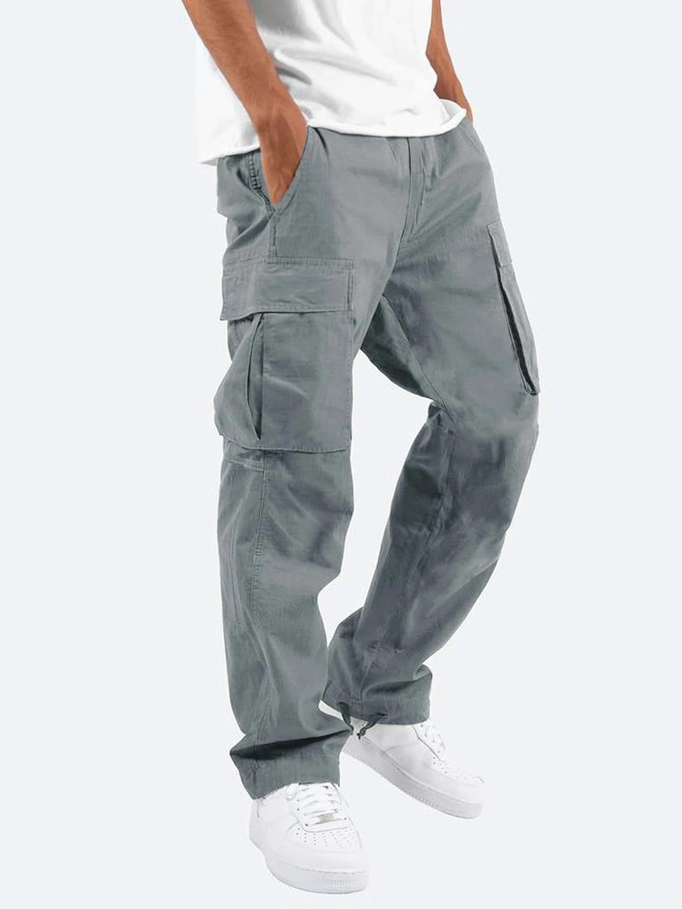 Men's Rugged Pockets Cargo Pants with Straight Leg Design and Mid-Rise Fit