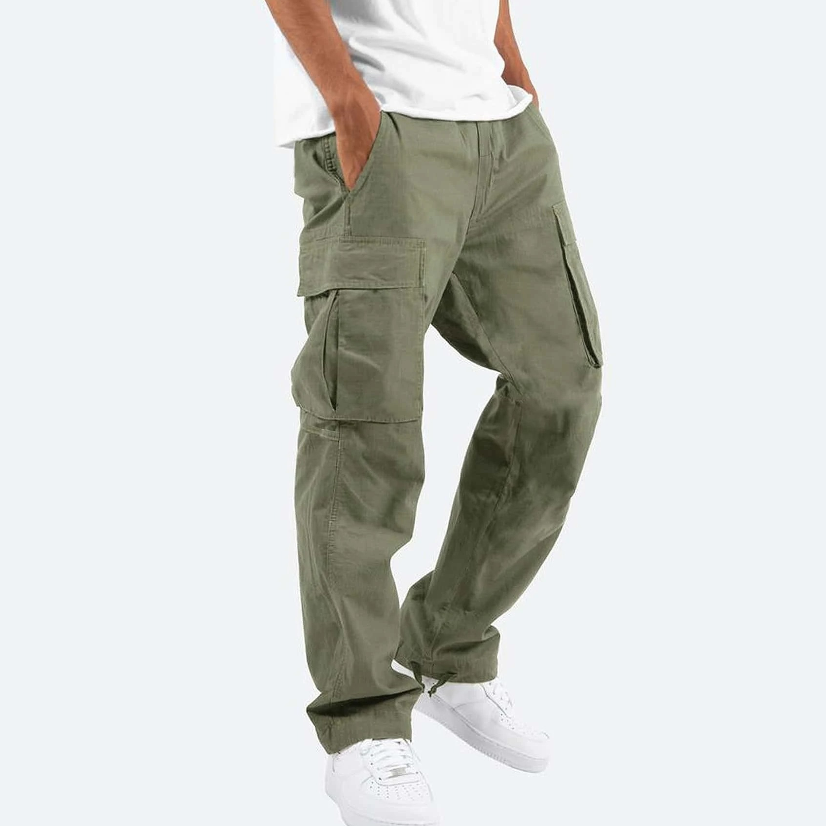Men's Rugged Pockets Cargo Pants with Straight Leg Design and Mid-Rise Fit