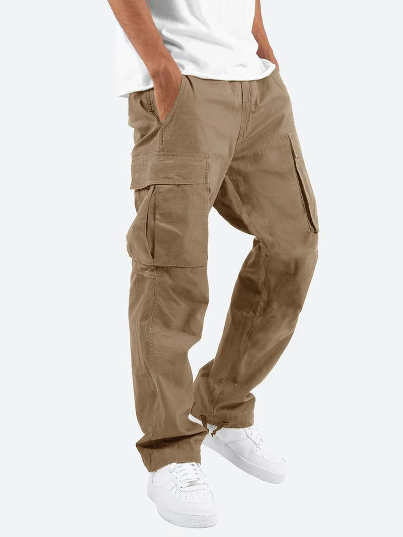 Men's Rugged Pockets Cargo Pants with Straight Leg Design and Mid-Rise Fit