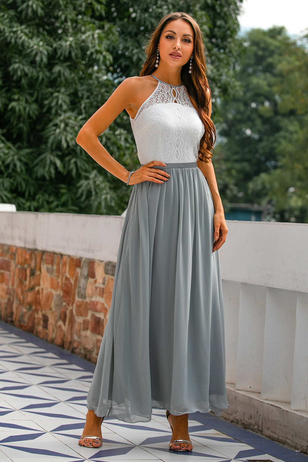 Women's Modern Evening Maxi Wedding Guest Dress with Halter Neckline