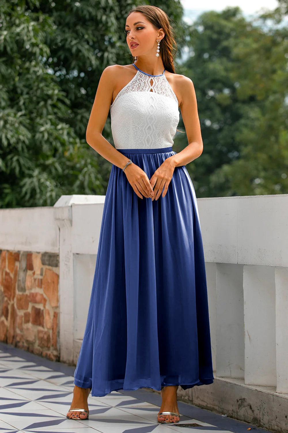 Women's Modern Evening Maxi Wedding Guest Dress with Halter Neckline