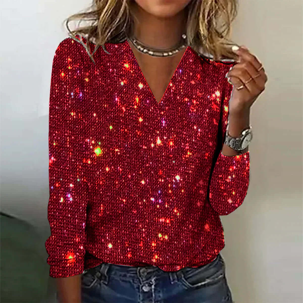 Women's Festive Shimmering V-Neck Sequin Party Evening Sweater