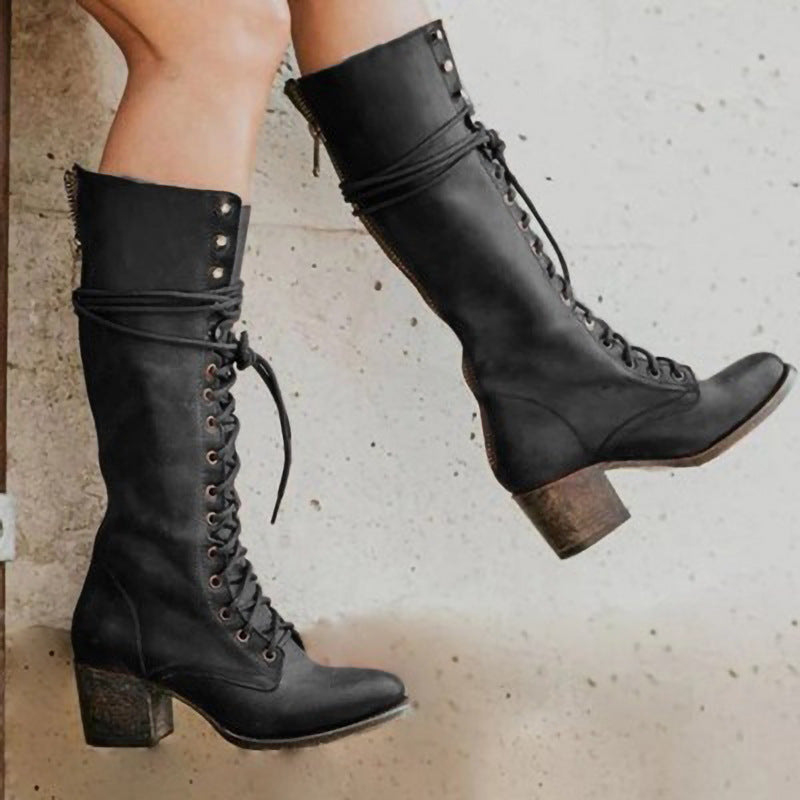 Women’s Block Heel Boots Lace-Up Knee-High Style
