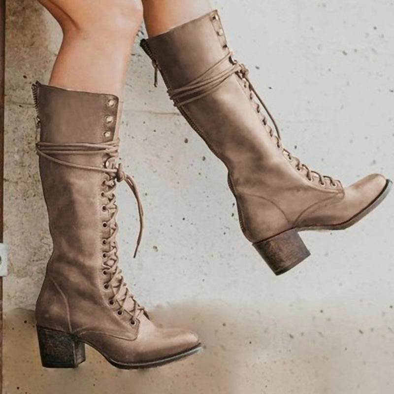 Women’s Block Heel Boots Lace-Up Knee-High Style