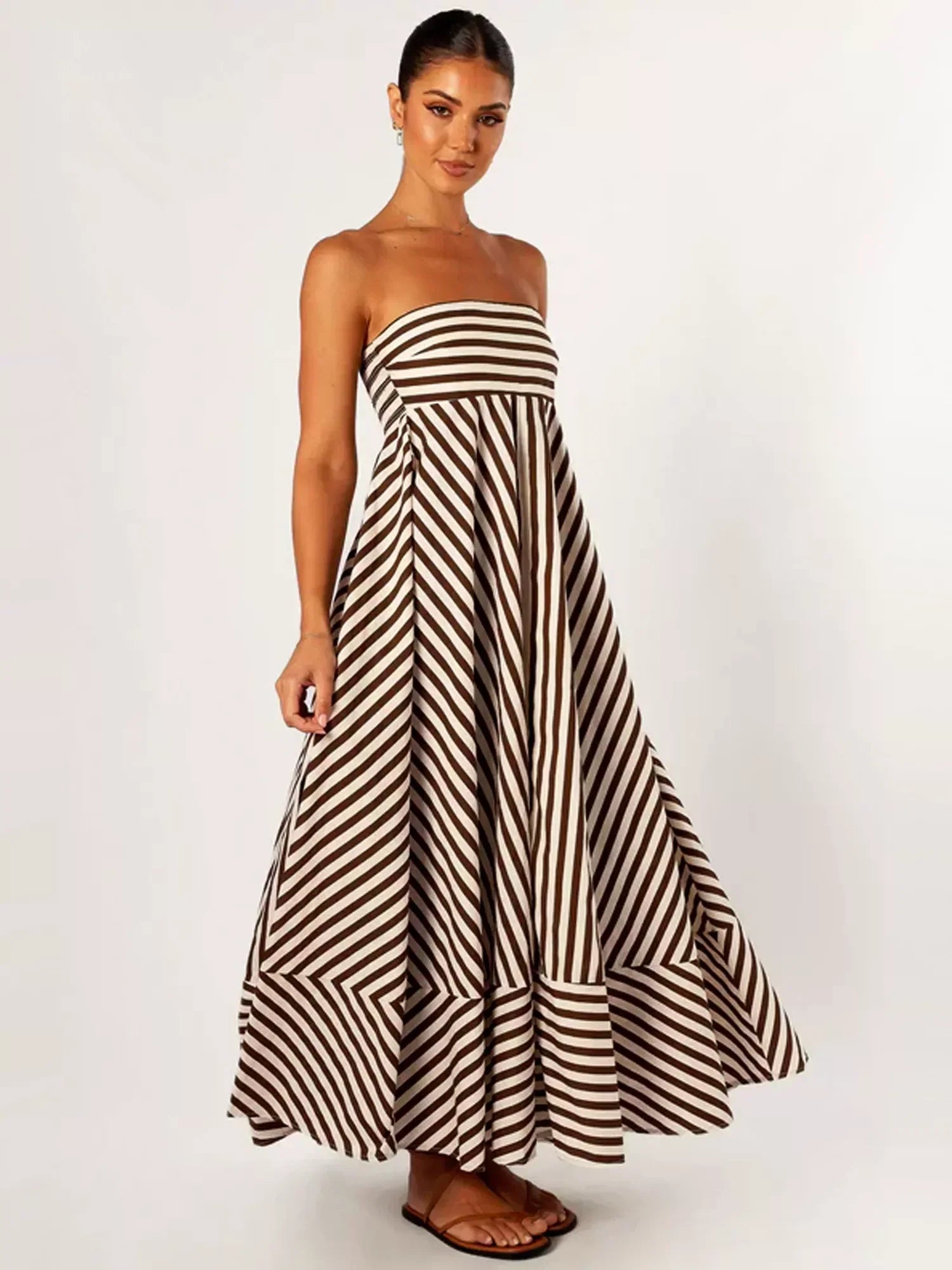 Elegant Strapless Diagonal Stripes Maxi Dress for Women