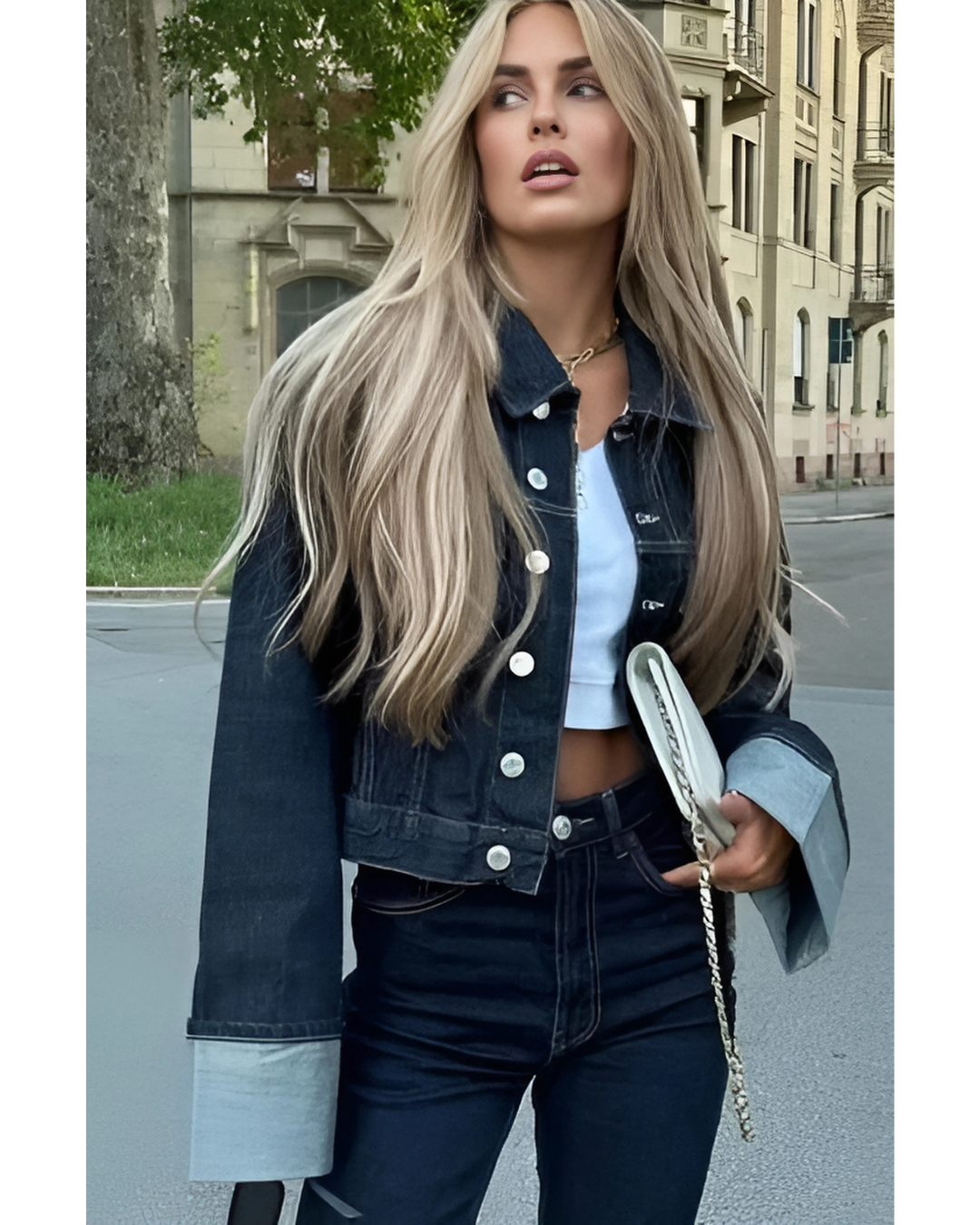 Women's Trendy Fashion Denim Set – Short Jacket & Wide-Leg Jeans