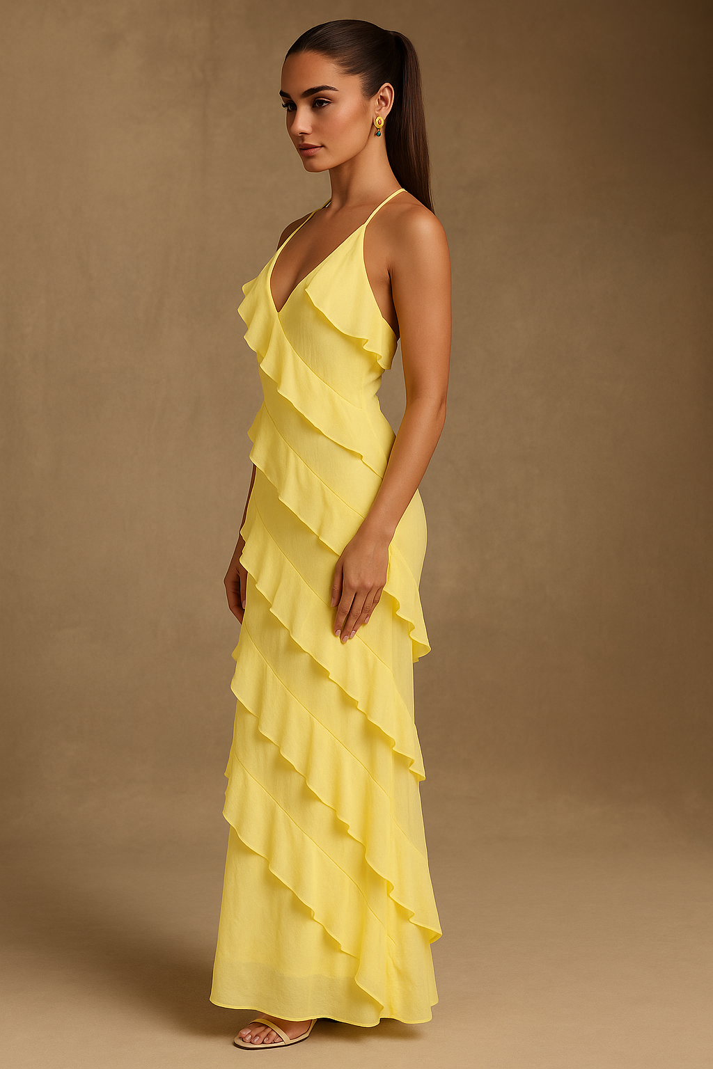 Sophia Lemon Maxi Dress – Halter Neck with Ruffle Detail