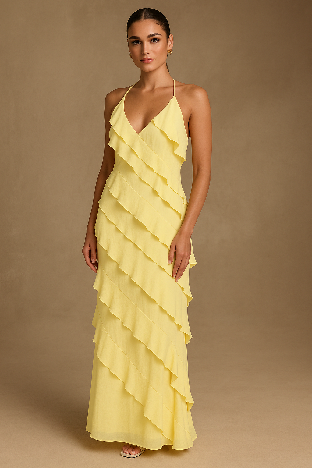 Sophia Lemon Maxi Dress – Halter Neck with Ruffle Detail