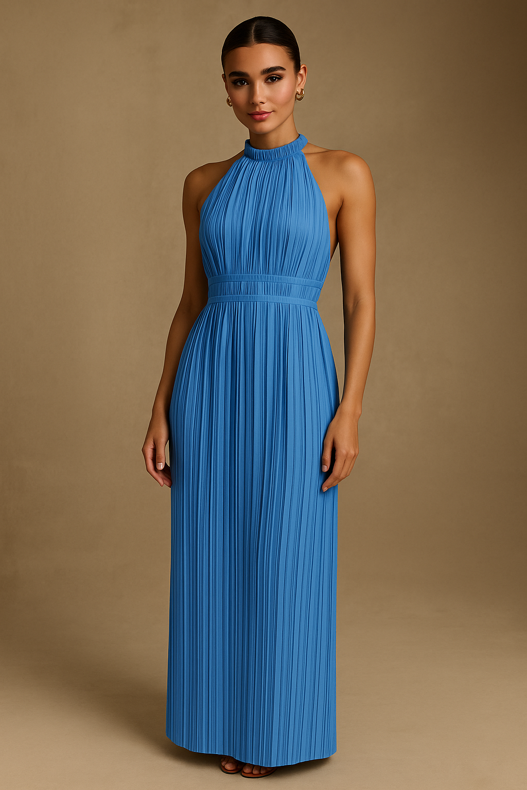 Frances Blue Maxi Dress – High Neck & Open Back Design