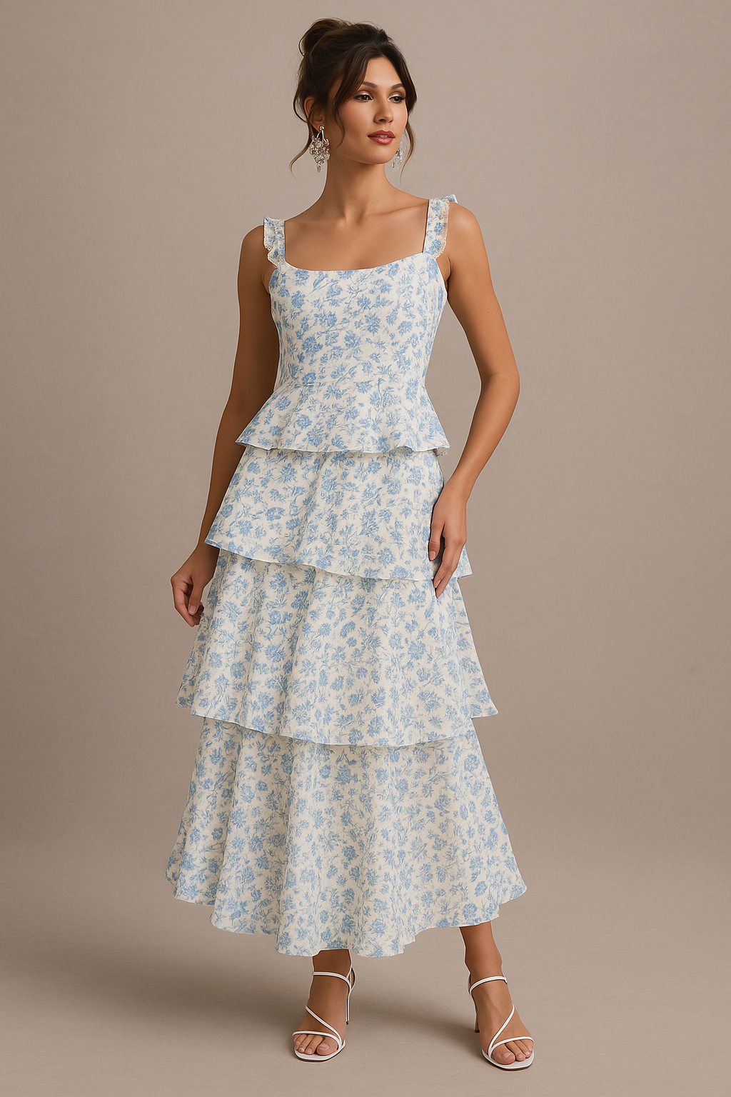 Page Blue Floral Maxi Dress – Ruffle Skirt & Tie Back