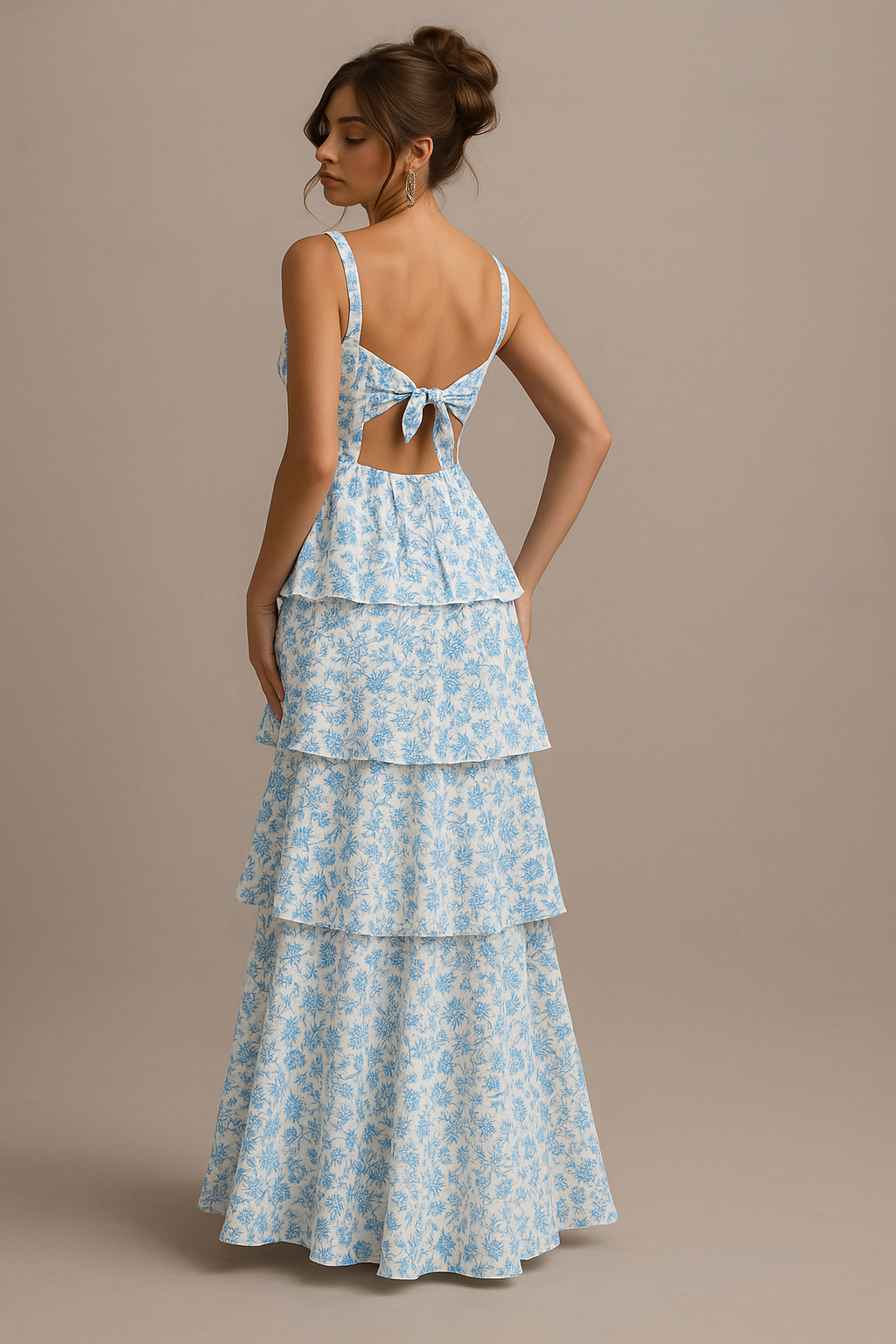 Page Blue Floral Maxi Dress – Ruffle Skirt & Tie Back