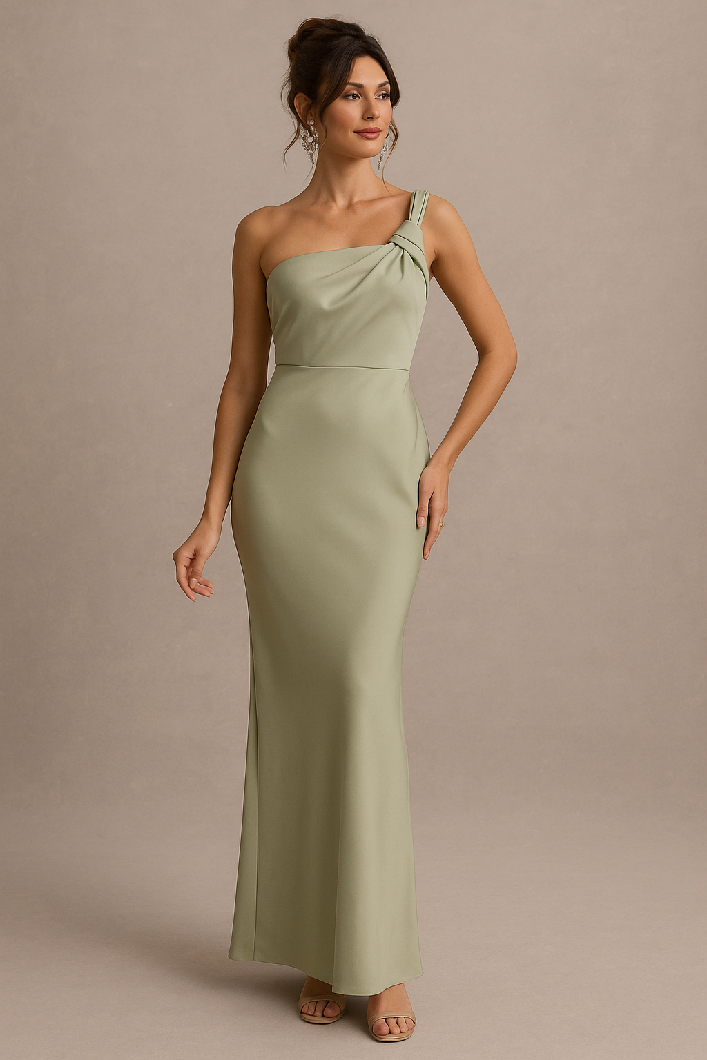 Greta Olive Maxi Dress – One Shoulder with Draped Bust