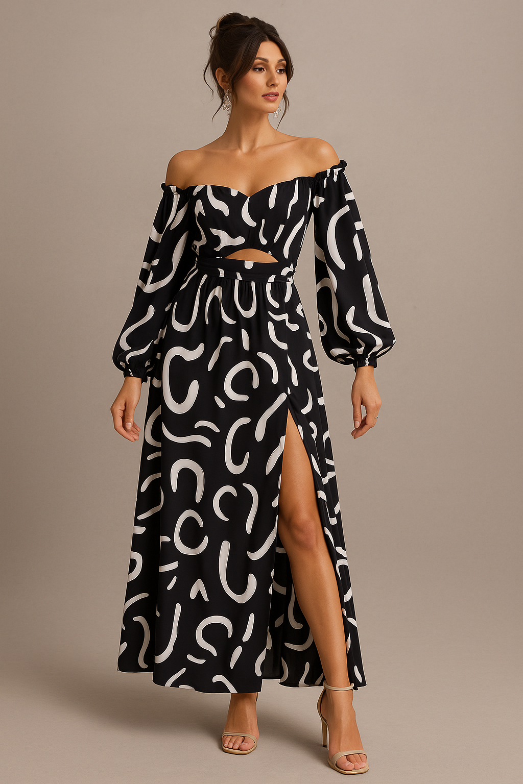 Freya Black Maxi Dress – Balloon Sleeves & Waist Cutout