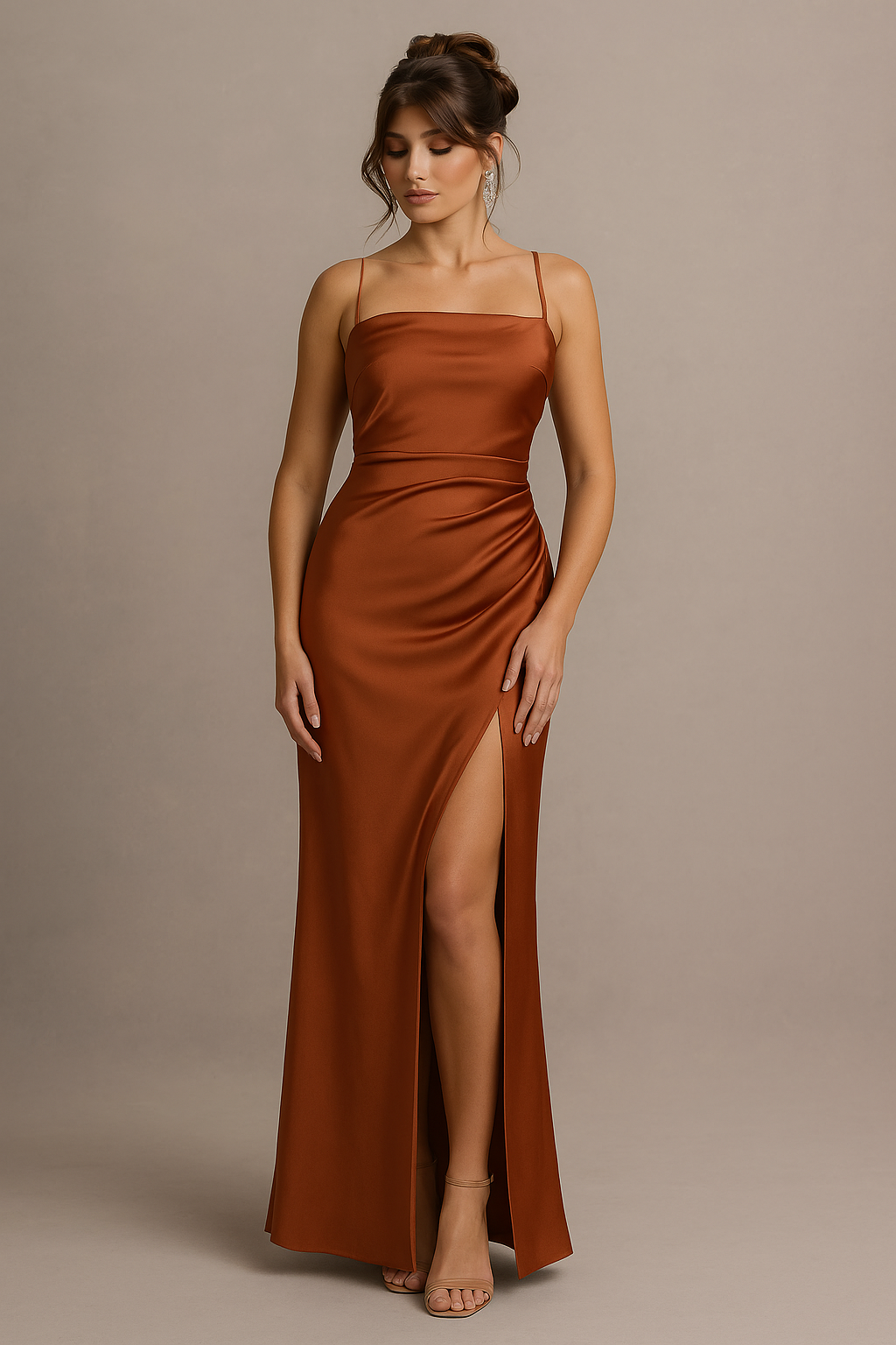 Ilana Copper Maxi Dress – Square Neck with Waist Pleats