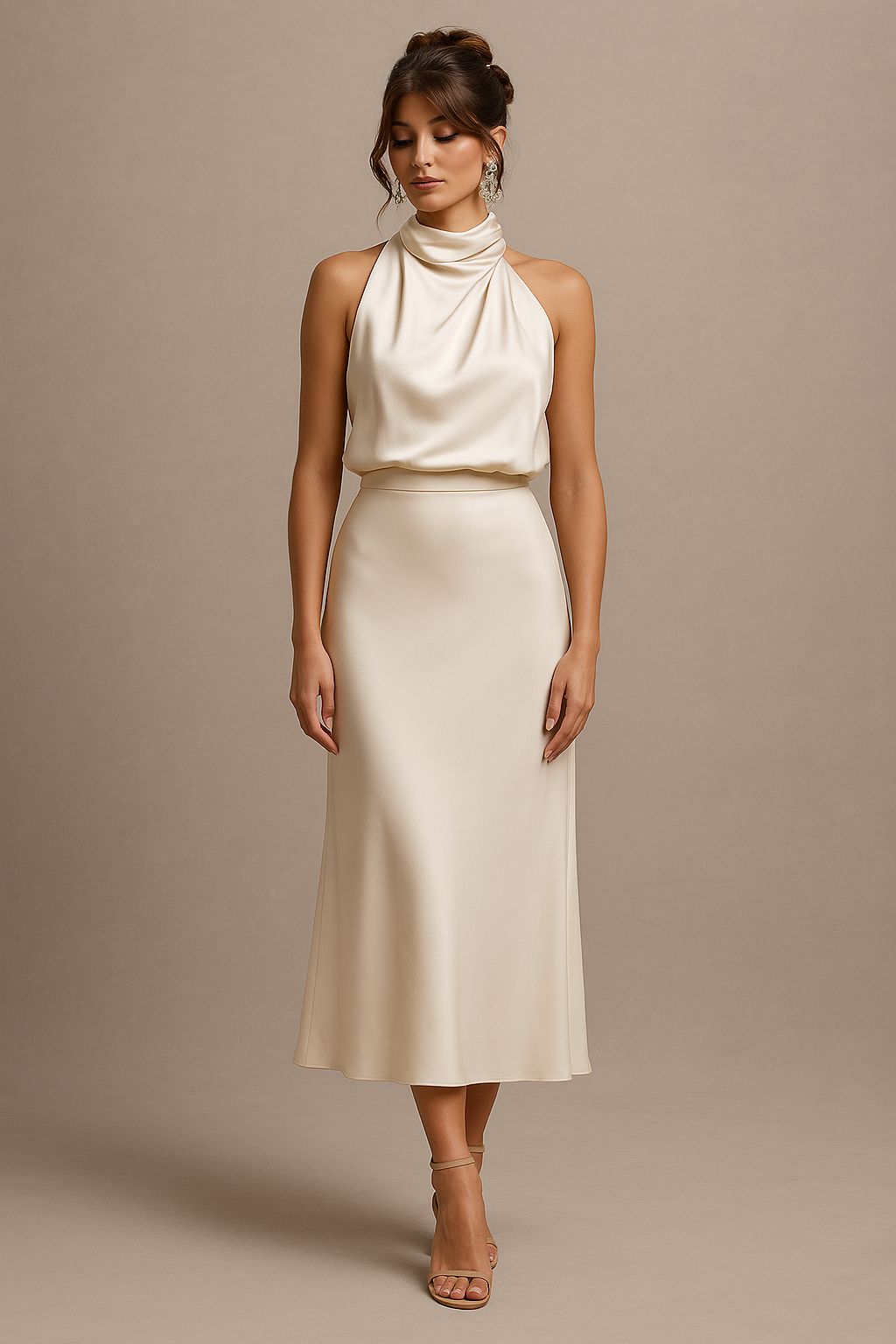 Esther Champagne Maxi Dress – High Neck with Draped Shoulder