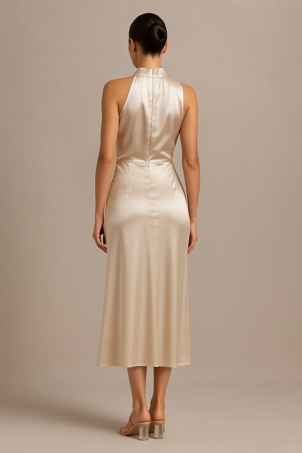 Esther Champagne Maxi Dress – High Neck with Draped Shoulder