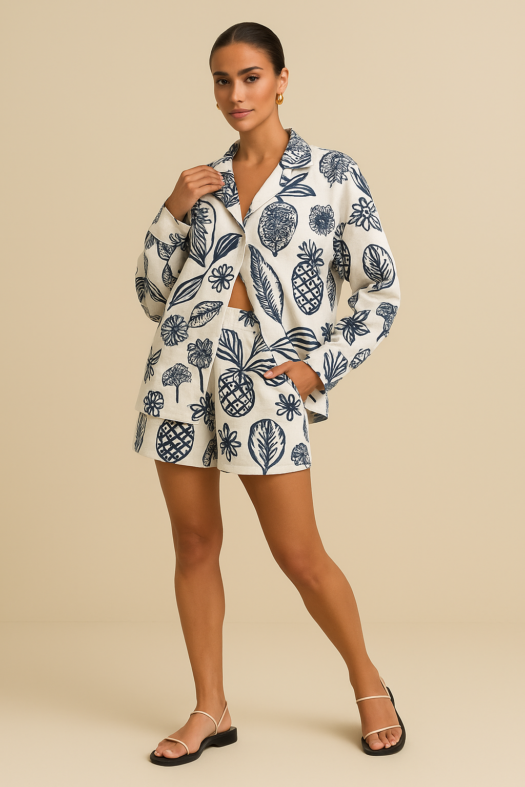 Isla Printed Co-Ord Set – Long Sleeve Shirt & High-Waist Shorts