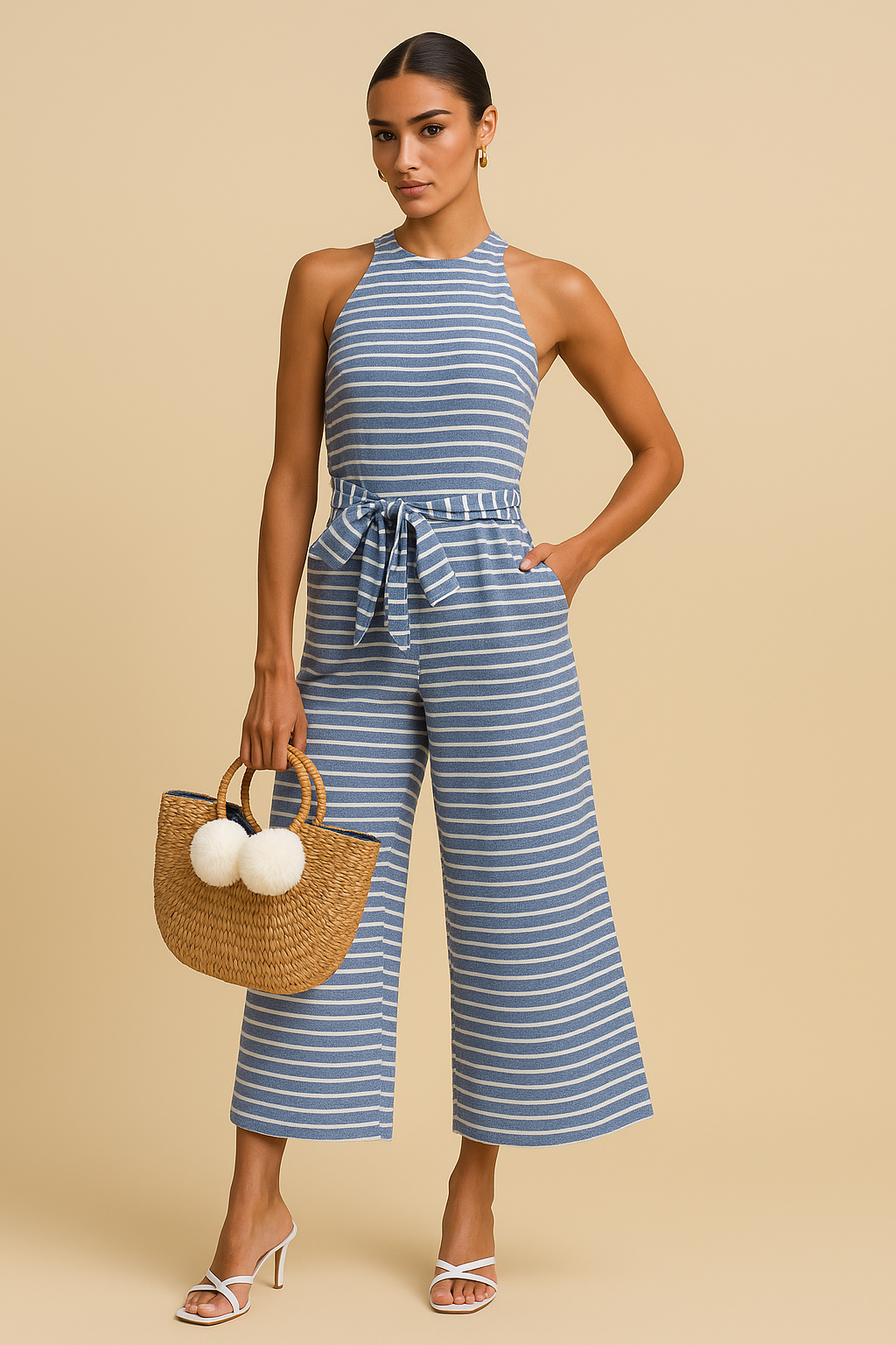 Isla Striped Halter Jumpsuit – Tie Waist, Cropped Wide-Leg Fit
