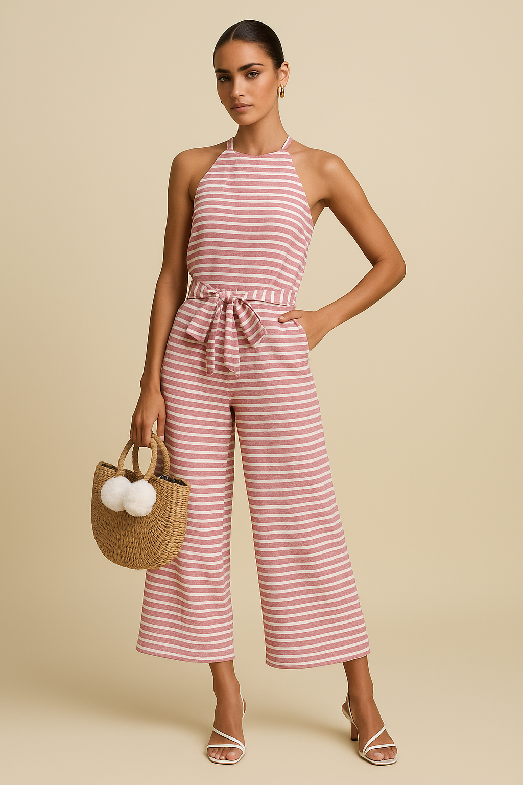 Isla Striped Halter Jumpsuit – Tie Waist, Cropped Wide-Leg Fit