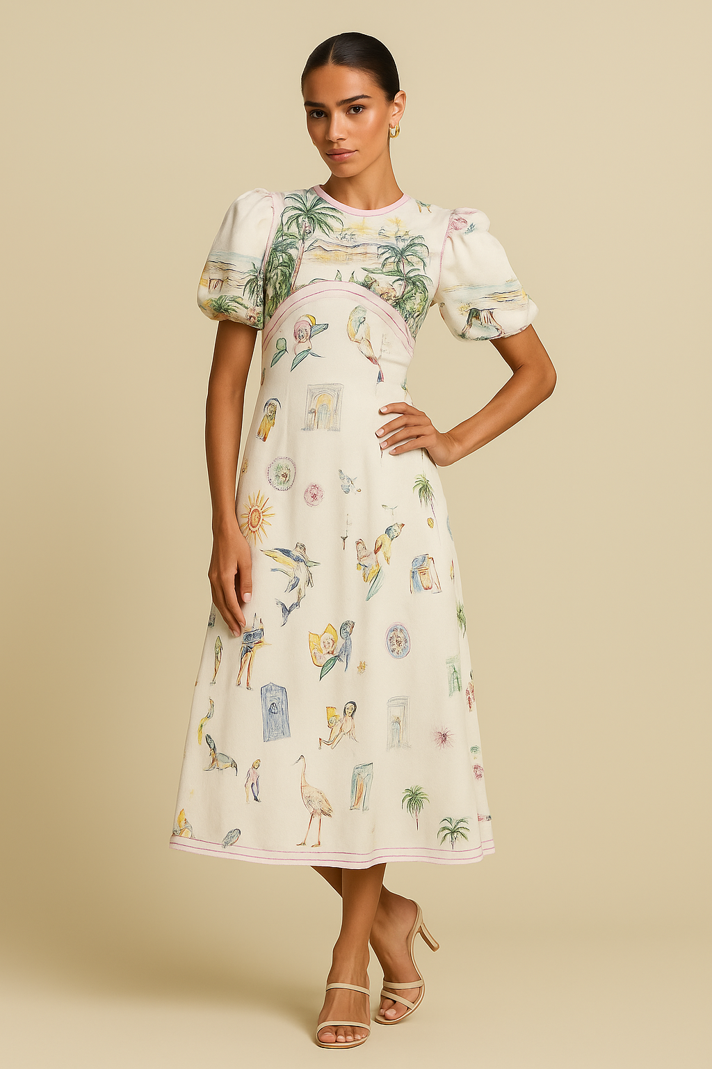 Elara A-Line Maxi Dress – Puff Sleeve, Artistic Print, Fitted Bodice