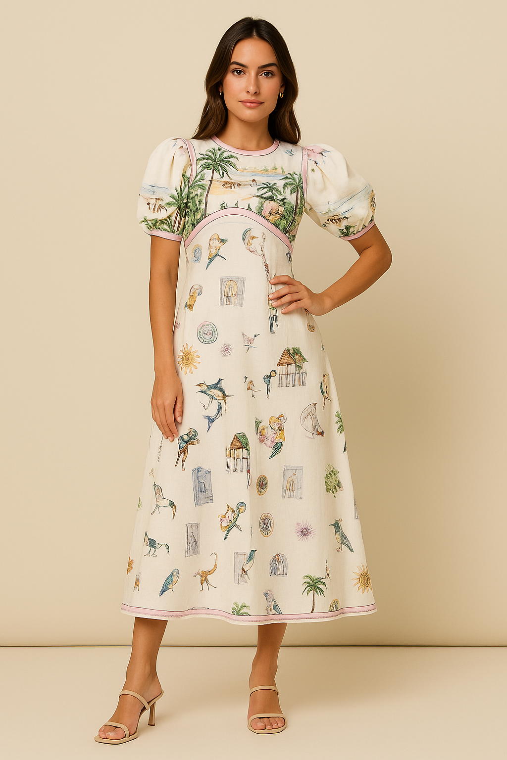 Elara A-Line Maxi Dress – Puff Sleeve, Artistic Print, Fitted Bodice