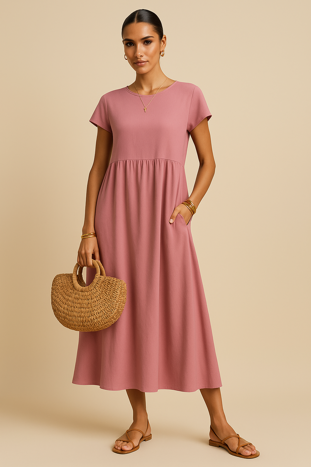 Nina Empire Maxi Dress – Short Sleeve, Lightweight with Pockets