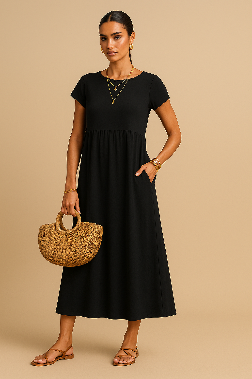 Nina Empire Maxi Dress – Short Sleeve, Lightweight with Pockets