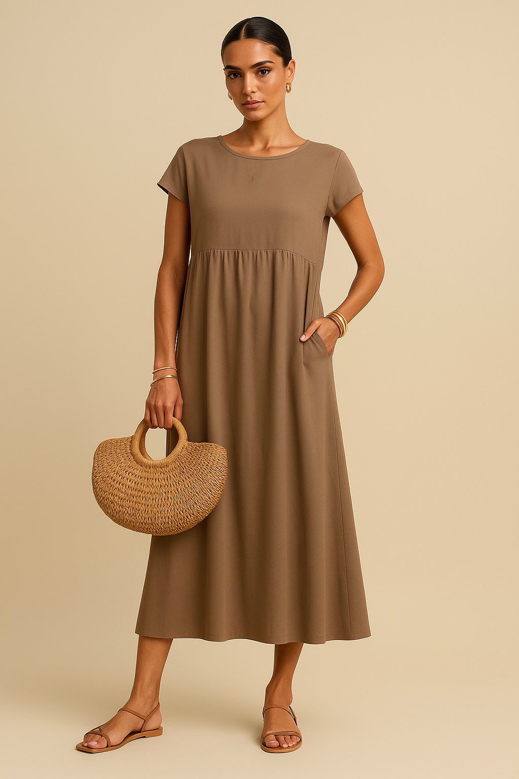Nina Empire Maxi Dress – Short Sleeve, Lightweight with Pockets