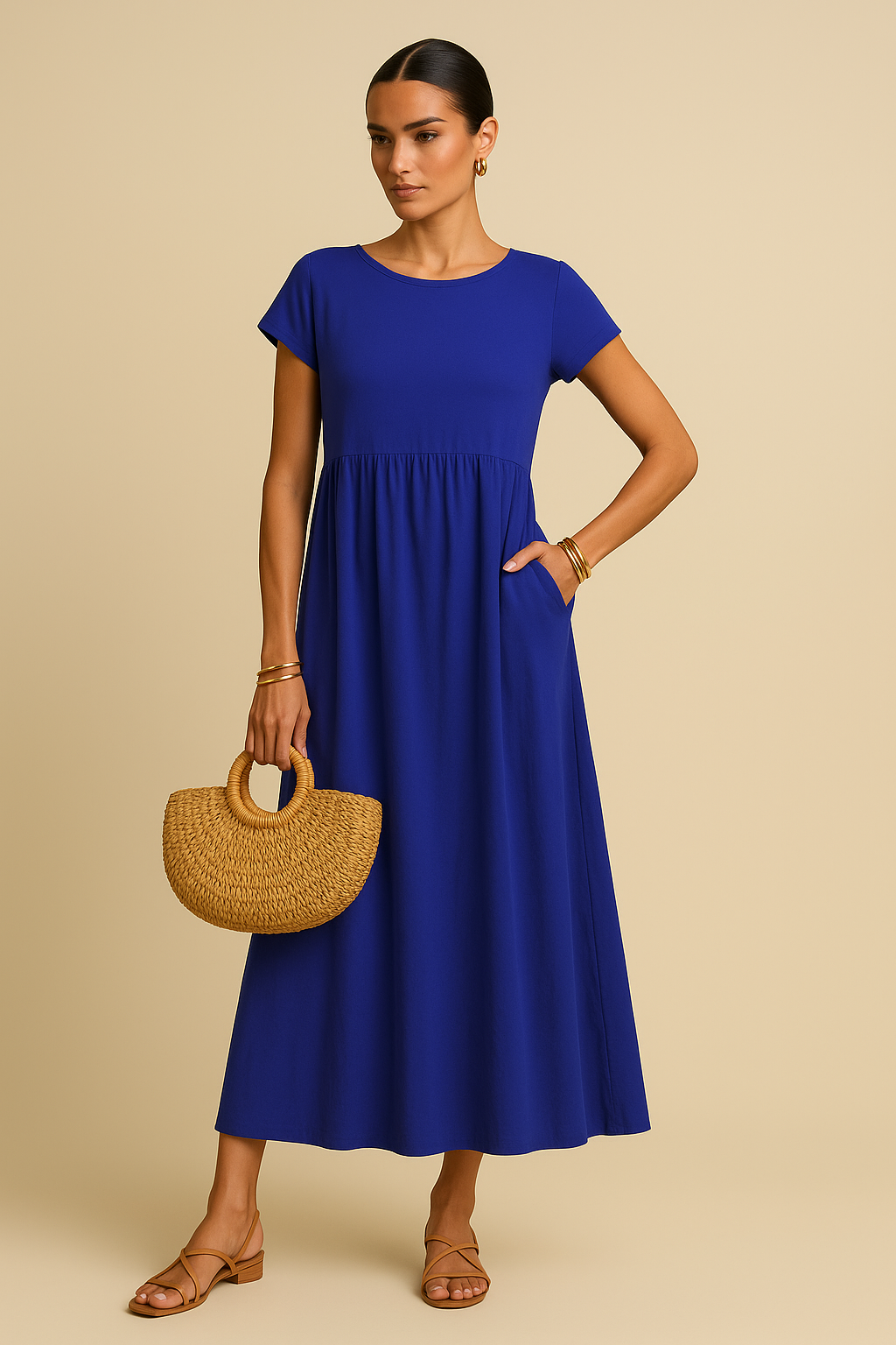 Nina Empire Maxi Dress – Short Sleeve, Lightweight with Pockets