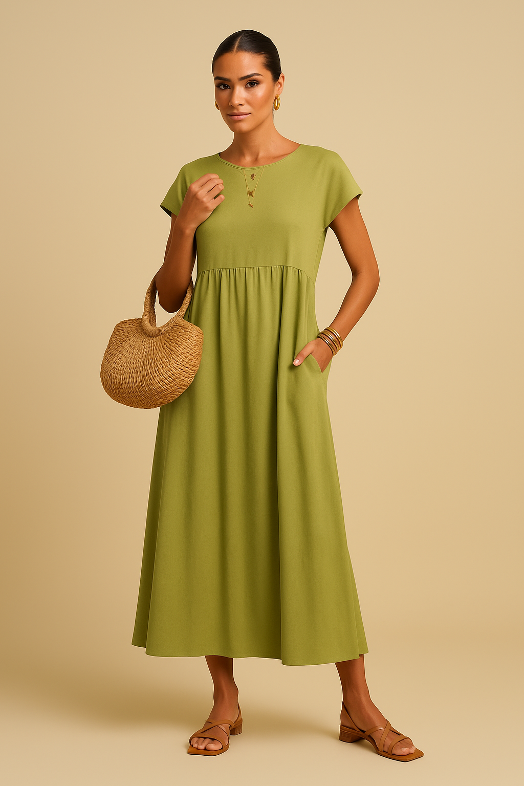 Nina Empire Maxi Dress – Short Sleeve, Lightweight with Pockets