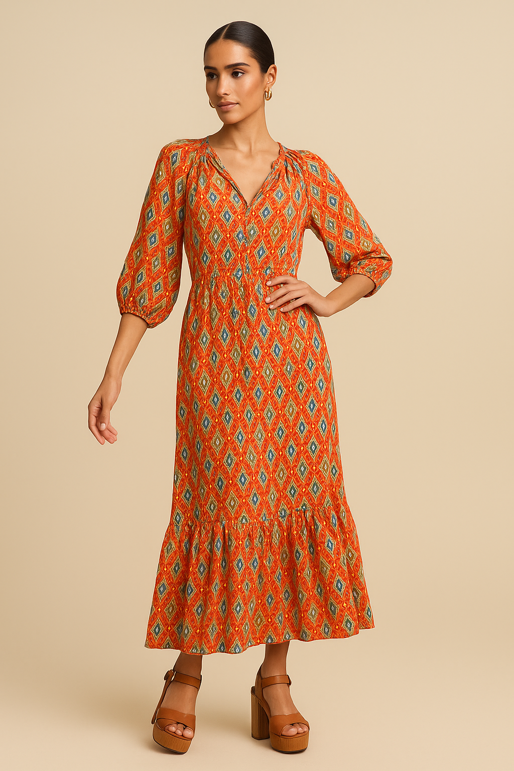 Zaria Bohemian Printed Maxi Dress – Flowy V-Neck, Festival Style