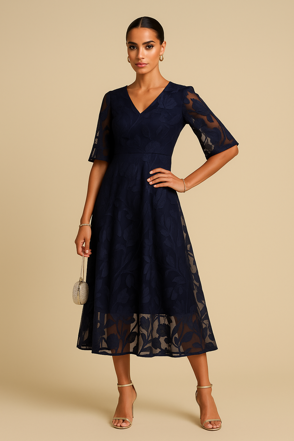 Sabine Ruffle Flutter Lace Maxi Dress – V-Neck A-Line, Elegant Wedding Guest Style