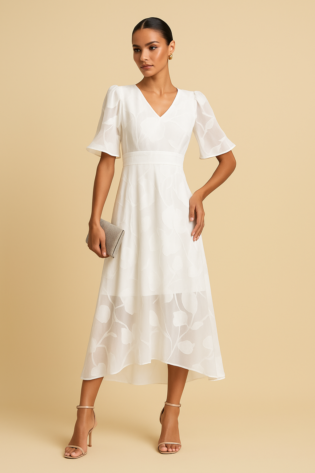 Sabine Ruffle Flutter Lace Maxi Dress – V-Neck A-Line, Elegant Wedding Guest Style