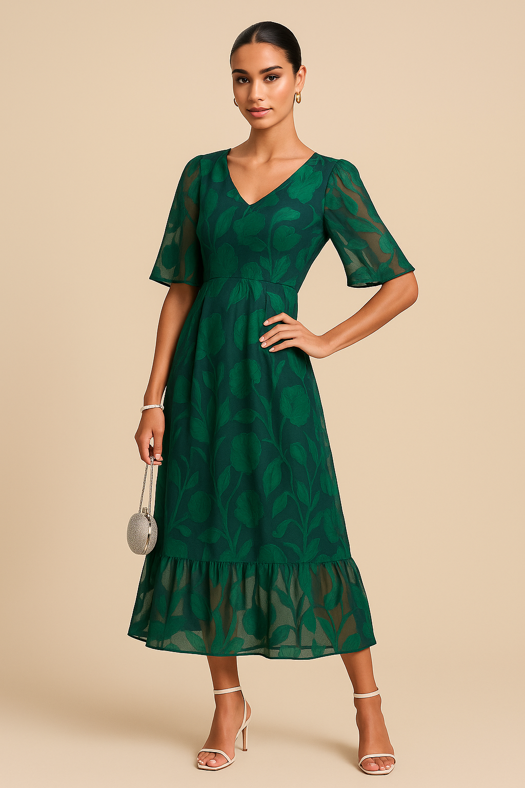 Sabine Ruffle Flutter Lace Maxi Dress – V-Neck A-Line, Elegant Wedding Guest Style