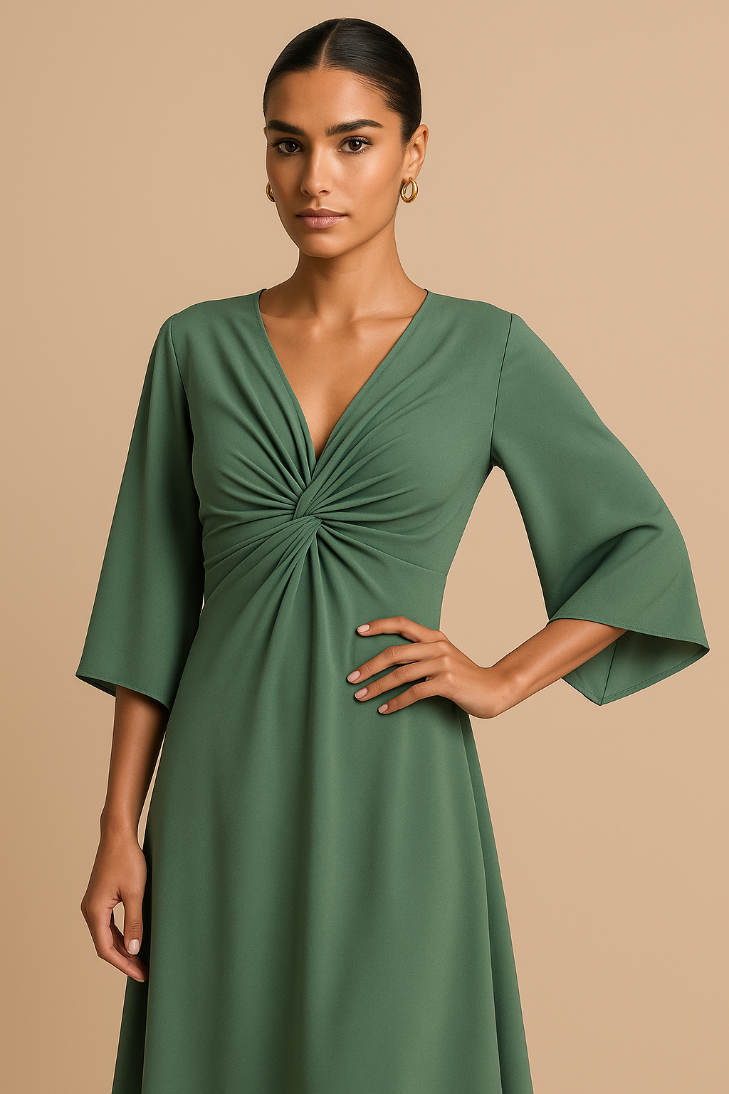 Céline Twisted Ruffle Maxi Dress – Pearl Yarn, V-Neck, Elegant A-Line Fit