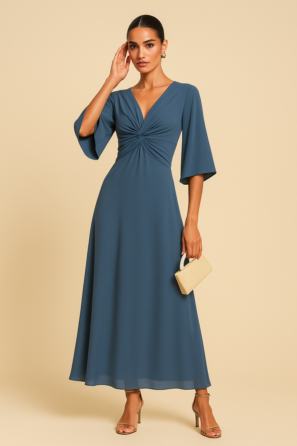 Céline Twisted Ruffle Maxi Dress – Pearl Yarn, V-Neck, Elegant A-Line Fit