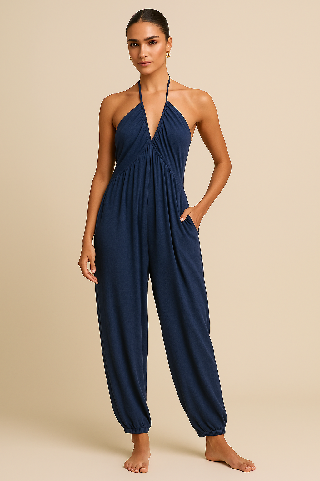 Kaia Halter Jumpsuit – Deep V-Neck with Tapered Leg & Pockets