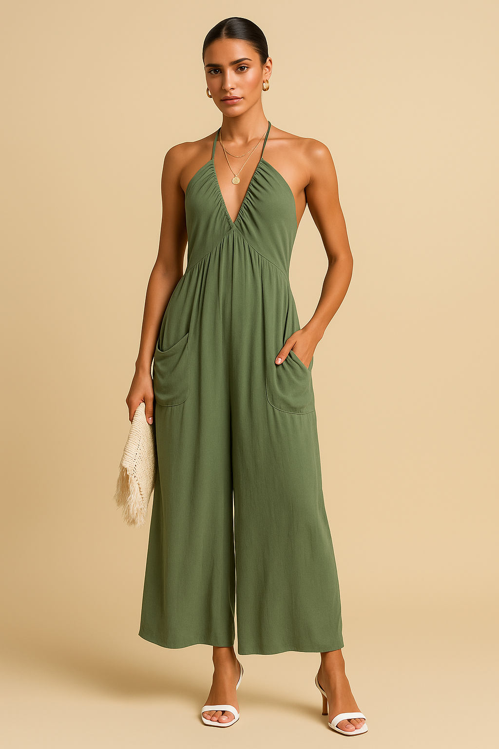 Kaia Halter Jumpsuit – Deep V-Neck with Tapered Leg & Pockets