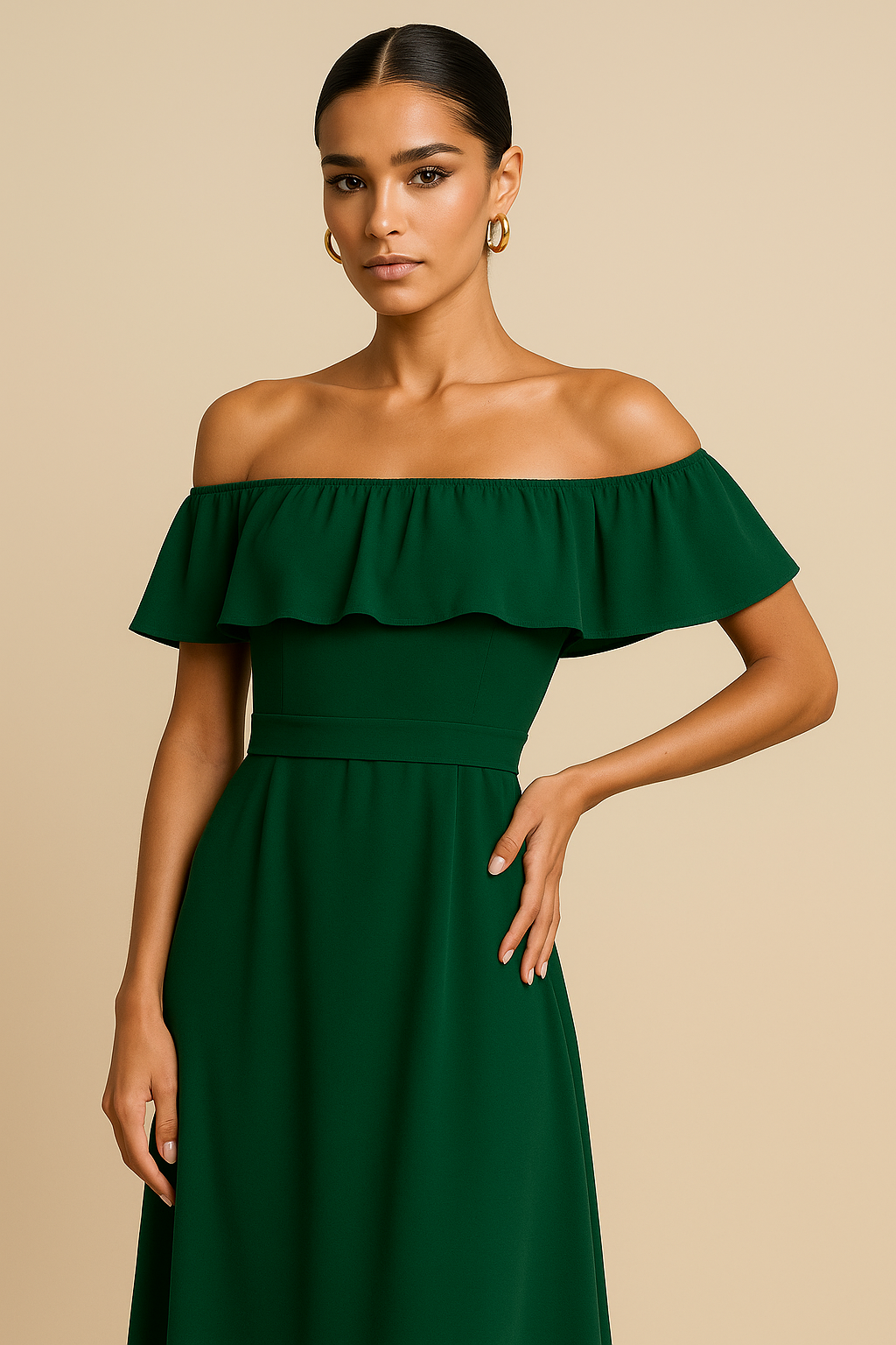 Leona Off-Shoulder Ruffle Chiffon Slit Gown – Dark Green
