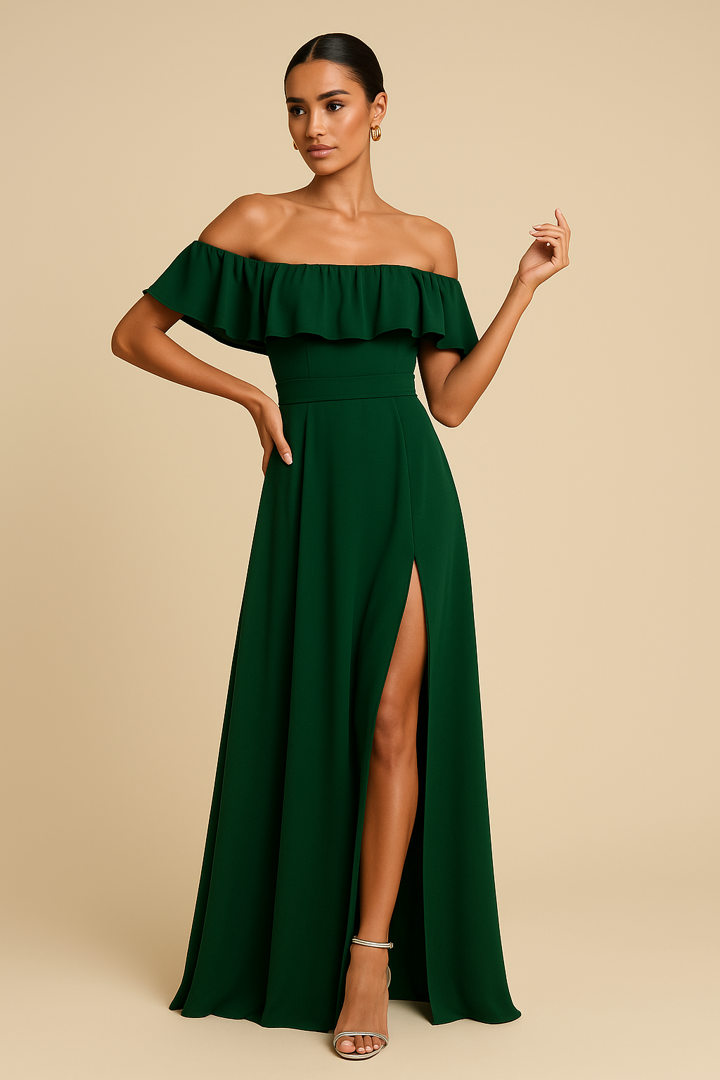 Leona Off-Shoulder Ruffle Chiffon Slit Gown – Dark Green