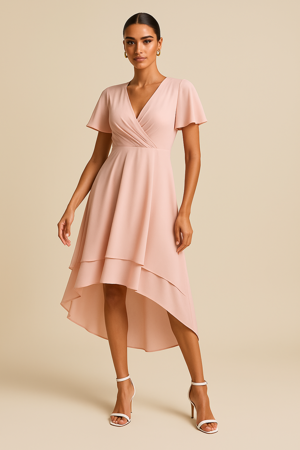 Isla Short Sleeve High-Low Chiffon Midi Dress – Pink