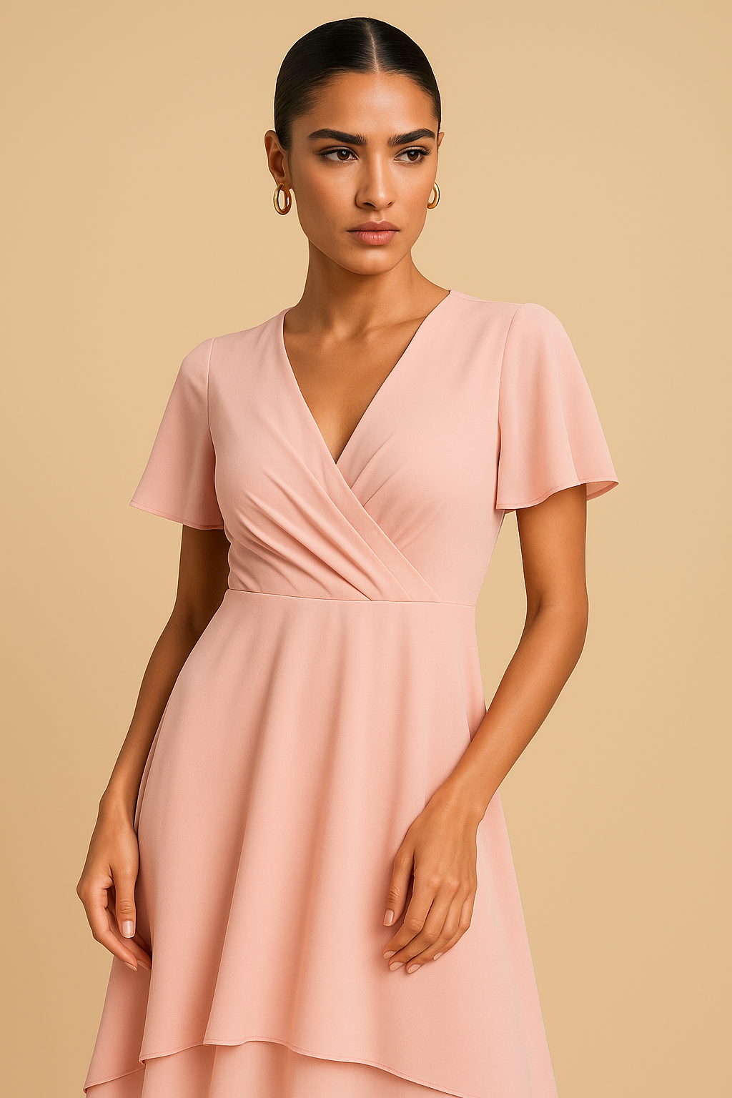 Isla Short Sleeve High-Low Chiffon Midi Dress – Pink