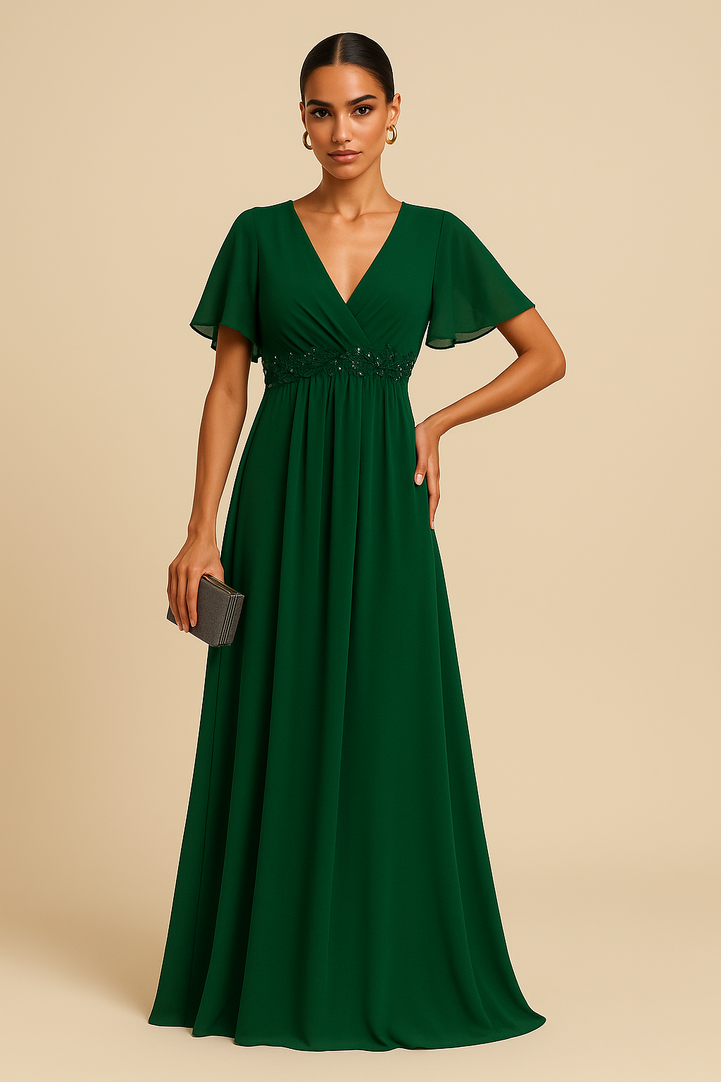 Evelina Appliqué Chiffon Flutter Sleeve Gown – Champagne
