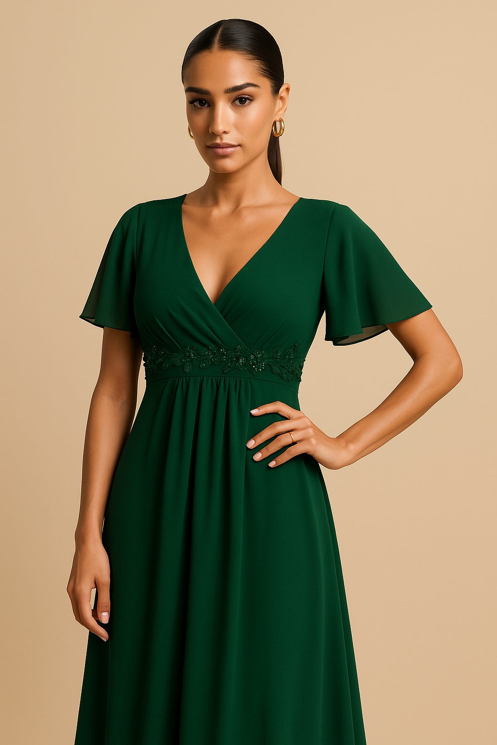 Evelina Appliqué Chiffon Flutter Sleeve Gown – Champagne