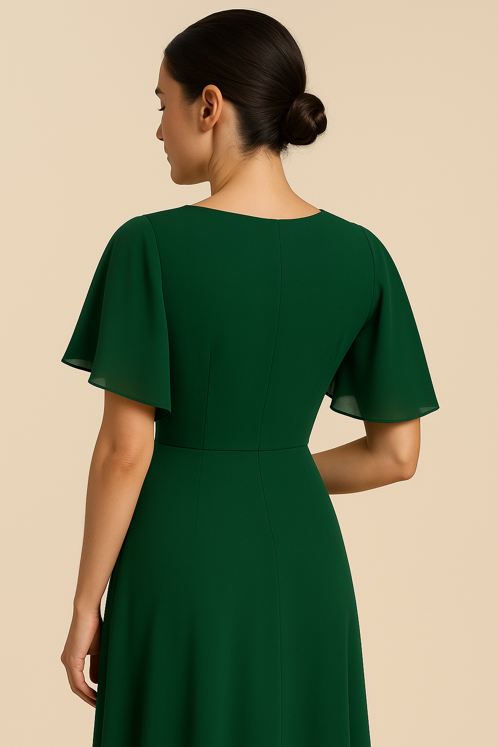 Evelina Appliqué Chiffon Flutter Sleeve Gown – Champagne