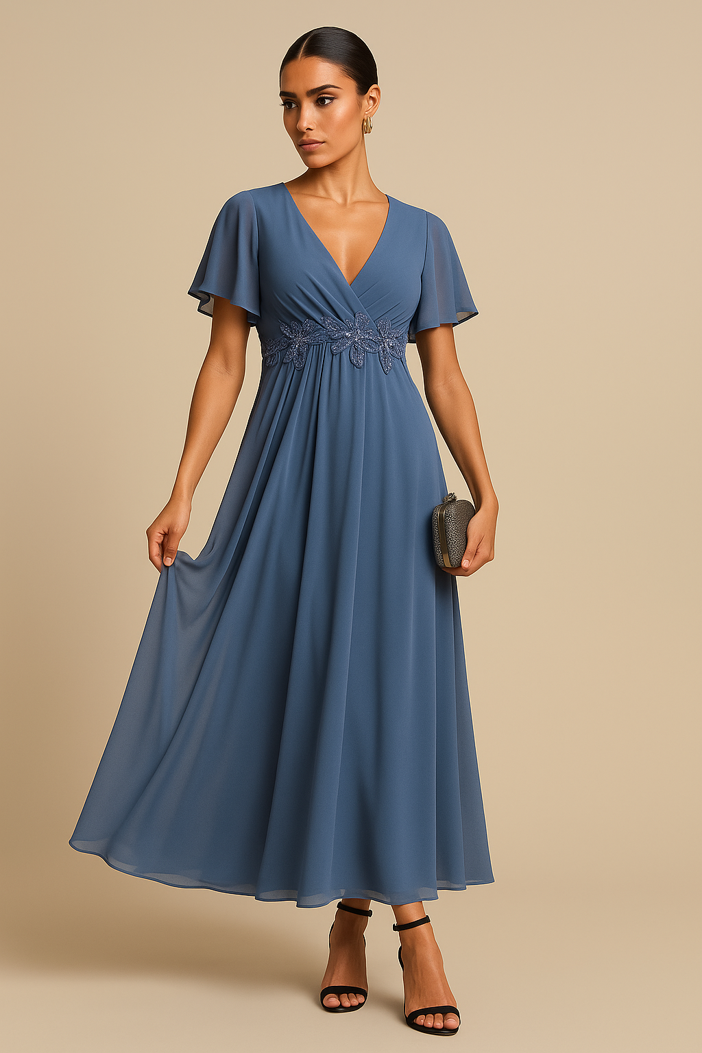Woman wearing a blue dress on a beige background