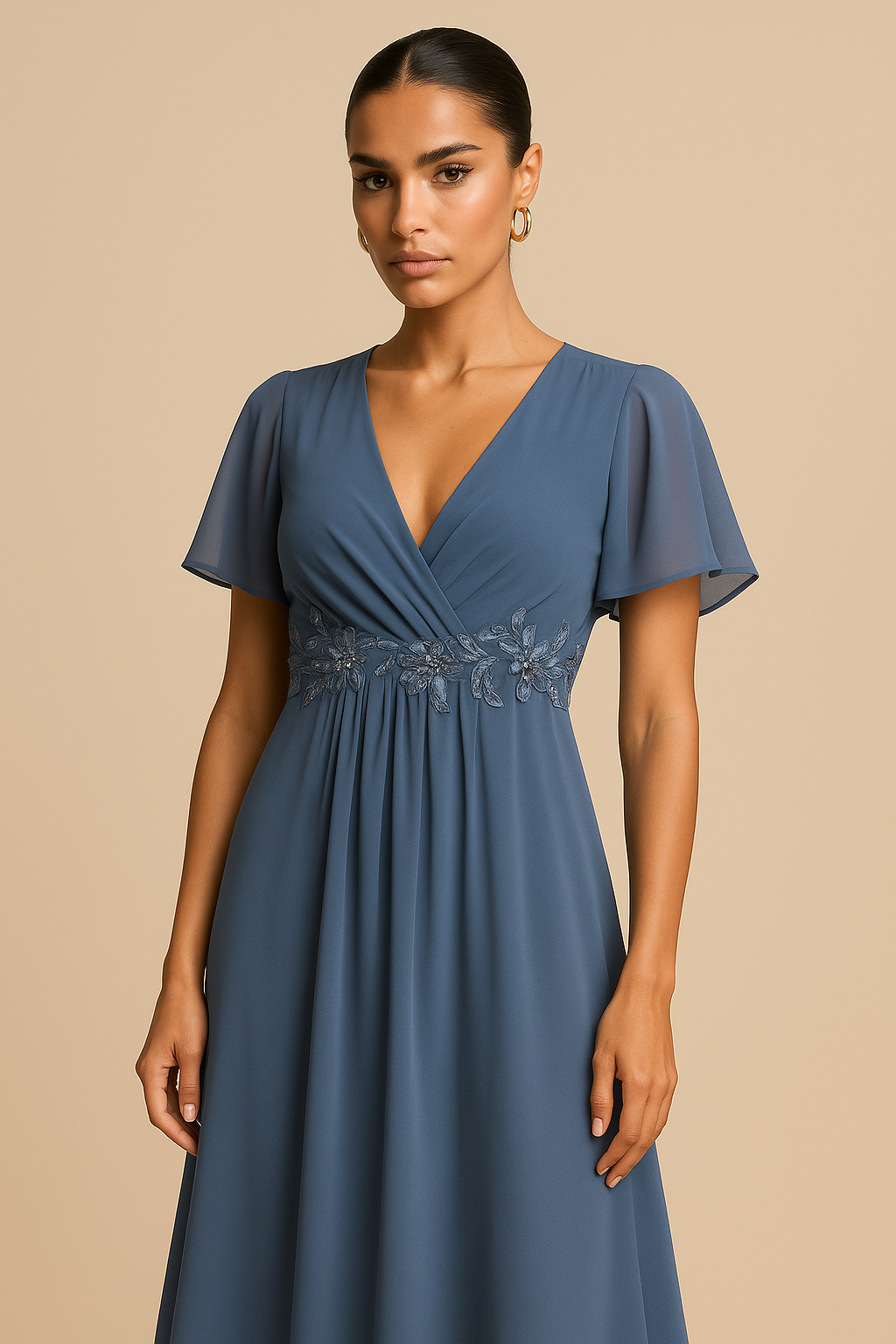 Woman wearing a blue dress with floral embellishments on a beige background