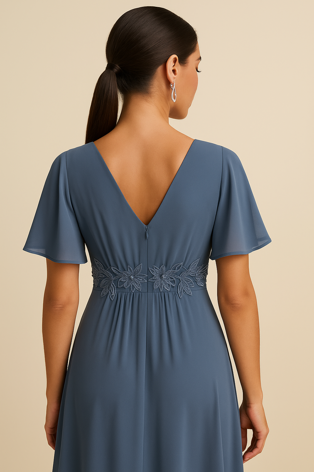 Woman wearing a blue dress with floral embellishments on a beige background